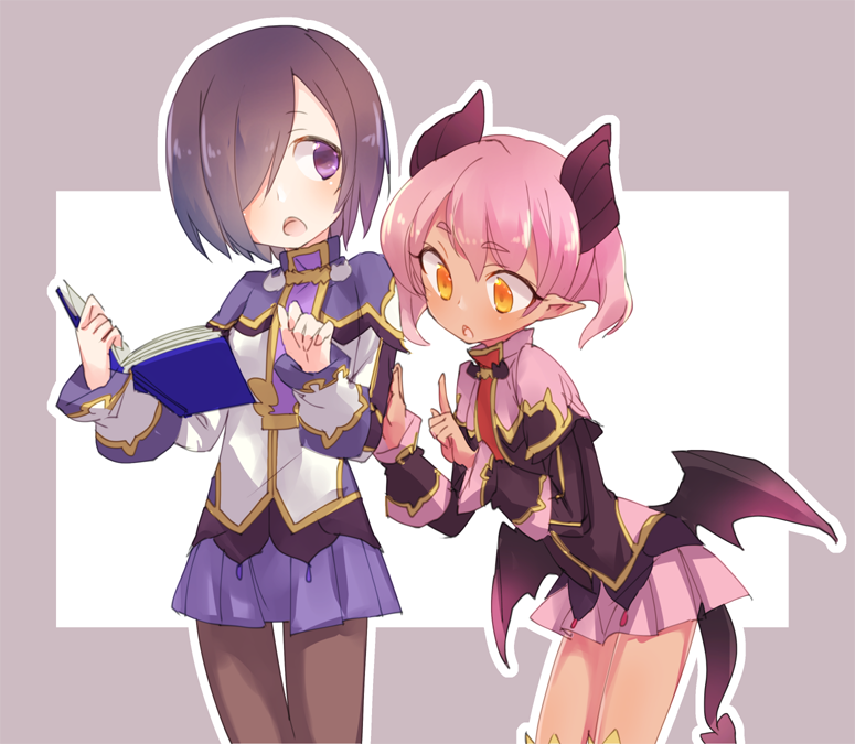 2girls blush book dark_skin dark-skinned_female demon_girl hair_over_one_eye horns kyuuri_(miyako) low_wings multiple_girls pantyhose pink_hair pop-up_story purple_eyes purple_hair revia_serge short_hair skirt twintails ursula_raiment wings yellow_eyes