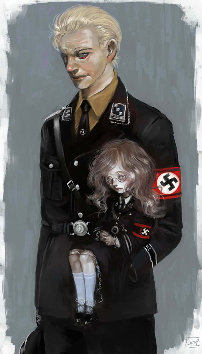 1boy armband bad_id bad_pixiv_id black_armband black_jacket black_neckwear black_pants blonde_hair border breast_pocket brown_hair brown_shirt collared_shirt cowboy_shot doll gradient_background grey_background hat highres holding holding_doll holding_unworn_clothes holding_unworn_hat jacket jcm2 long_hair military military_dress_uniform military_jacket military_uniform nazi necktie original pants pocket red_armband shirt short_hair swastika unworn_hat unworn_headwear white_border