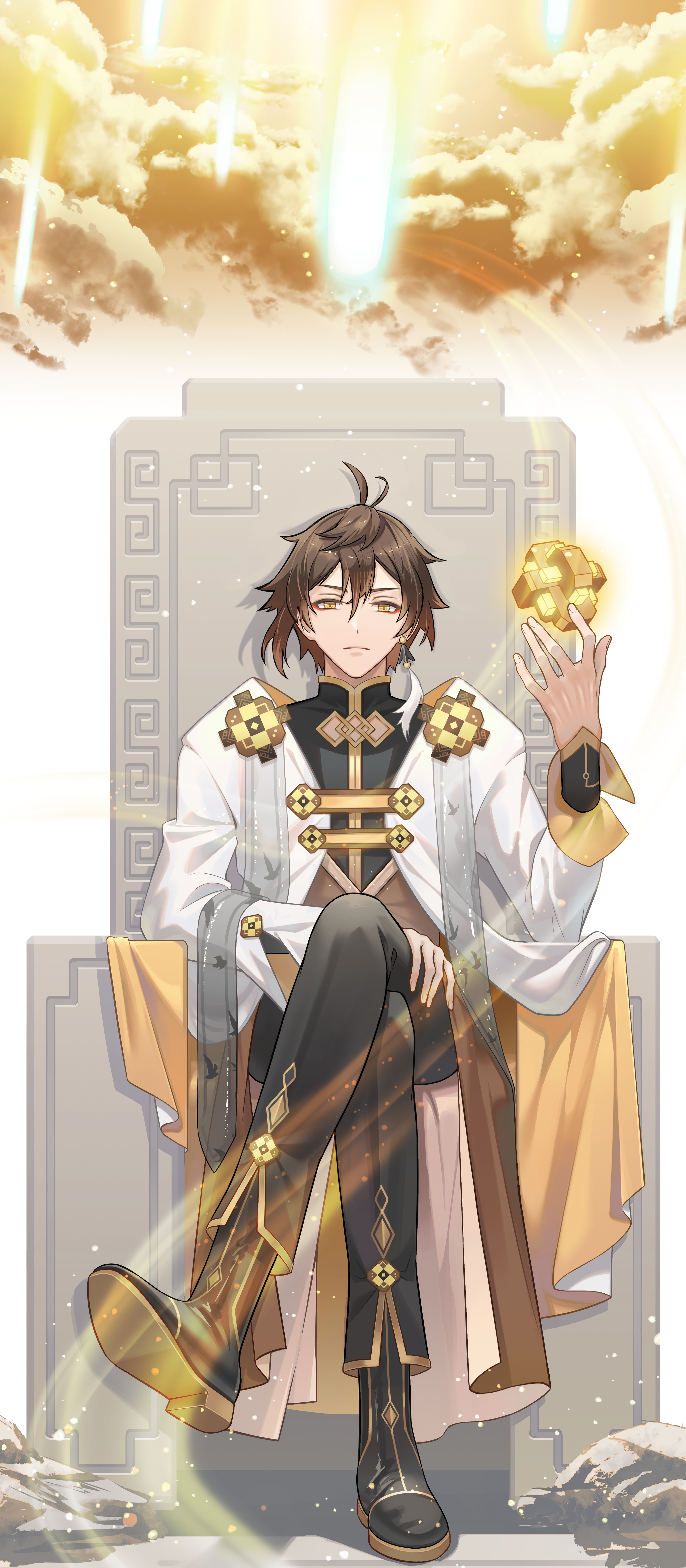 1boy absurdres black_boots black_pants boots brown_hair closed_mouth commentary_request crossed_legs earrings fingernails genshin_impact gradient_hair hair_between_eyes hand_up highres jewelry long_sleeves looking_at_viewer male_focus medium_hair multicolored_hair pants robe single_earring sitting solo tanpopo_(tanpopokkk) two-tone_robe white_robe yellow_eyes yellow_robe zhongli_(genshin_impact)