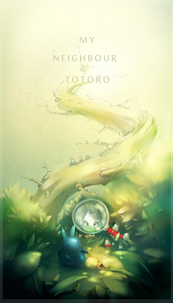 bare_tree chibi_totoro chuu_totoro commentary copyright_name english_commentary gokupo101 green_theme magnifying_glass no_humans plant scenery studio_ghibli tonari_no_totoro tree