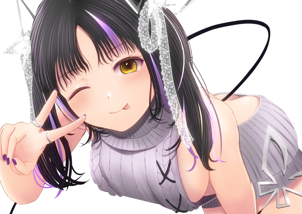 1girl ;p aran_sweater ass black_hair blush breasts butt_crack cable_knit closed_mouth commentary_request cowboy_shot dc24v demon_girl demon_tail dress grey_sweater hair_ribbon kojo_anna kojo_anna_(3rd_costume) lace leaning_forward long_hair looking_at_viewer medium_breasts meme_attire multicolored_hair nanashi_inc. one_eye_closed purple_hair purple_nails ribbed_sweater ribbon sideboob simple_background sleeveless sleeveless_sweater smile solo sweater sweater_dress tail tongue tongue_out turtleneck turtleneck_sweater twintails two-tone_hair v v_over_eye virgin_killer_sweater virtual_youtuber white_background white_ribbon yellow_eyes