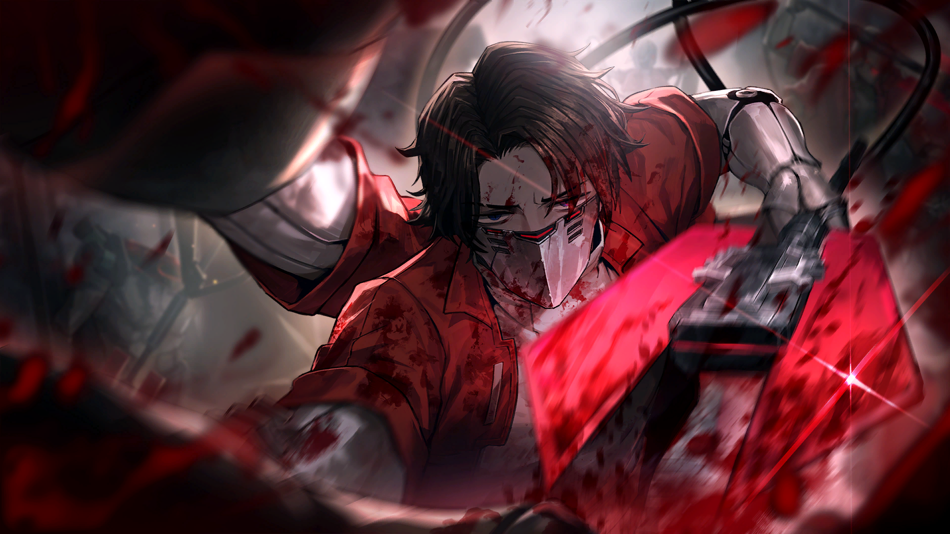 1boy 1girl 2others blood blood_in_hair blood_on_clothes blood_on_face blood_on_mask bloody_weapon brown_hair coat collared_coat collared_jacket cyborg dark-skinned_male dark_skin extra_arms faust_(project_moon) game_cg glaive_(polearm) heathcliff_(project_moon) highres holding incoming_attack jacket limbus_company mask mechanical_arms mechabare messy_hair mouth_mask multicrack_office_(identity)_(project_moon) multiple_others official_art polearm pov project_moon prosthesis prosthetic_arm purple_eyes red_jacket short_hair solo_focus sparkle third-party_source weapon white_coat wire