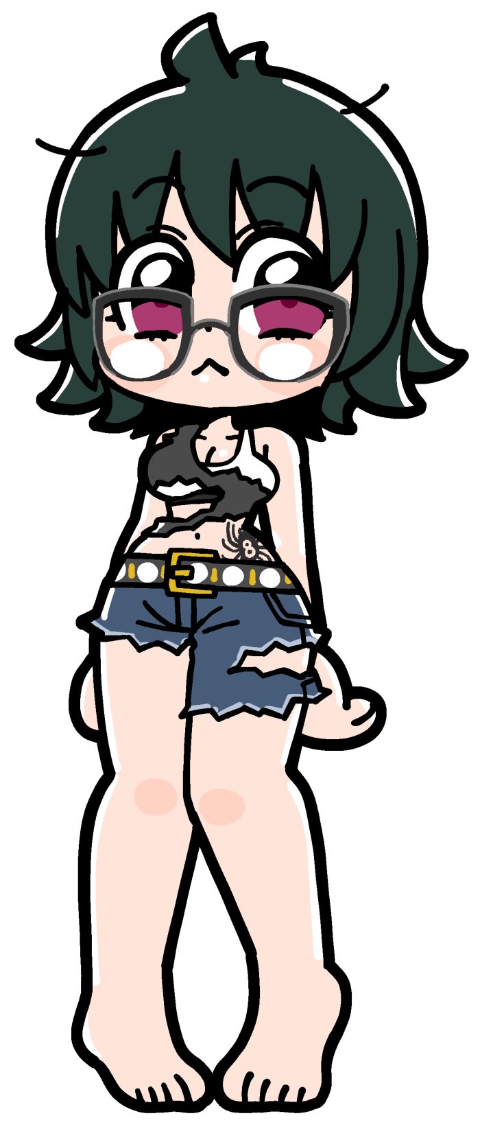 1girl :&lt; aqua_hair asymmetrical_shorts bare_arms bare_legs bare_shoulders barefoot belt belt_buckle bkub black-framed_eyewear black_belt black_tank_top blue_shorts blush_stickers breasts buckle cleavage closed_mouth collarbone deformed dot_nose full_body glasses highres hunter_x_hunter medium_breasts navel pigeon-toed pink_eyes shizuku_murasaki short_hair shorts sideways_glance simple_background solo spider_tattoo sports_bra standing stomach_tattoo tank_top tattoo torn_clothes torn_shorts torn_tank_top white_background white_sports_bra