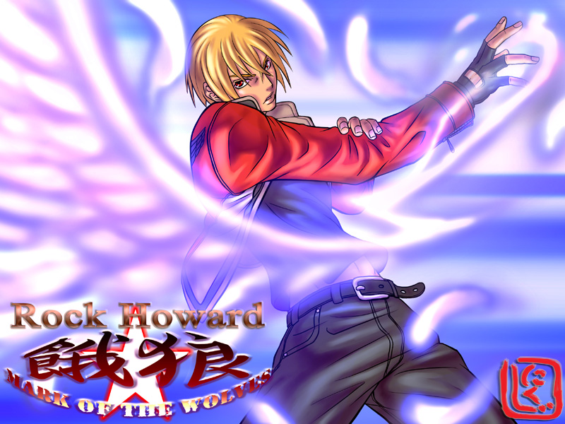 1boy belt biker_clothes blonde_hair fatal_fury fingerless_gloves gloves jacket male_focus garou:_mark_of_the_wolves nikuji-kun pants red_eyes rock_howard short_hair solo wings