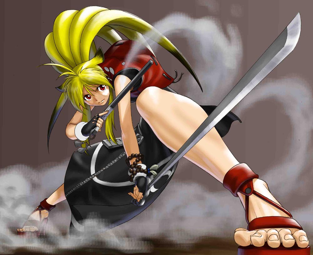 1girl banpresto blonde_hair capcom feet female_focus fingerless_gloves foreshortening full_body gloves high_heels kazue namco namco_x_capcom ponytail red_eyes red_sandals sandals solo super_robot_wars super_robot_wars_og_saga_mugen_no_frontier sword toes weapon xiaomu