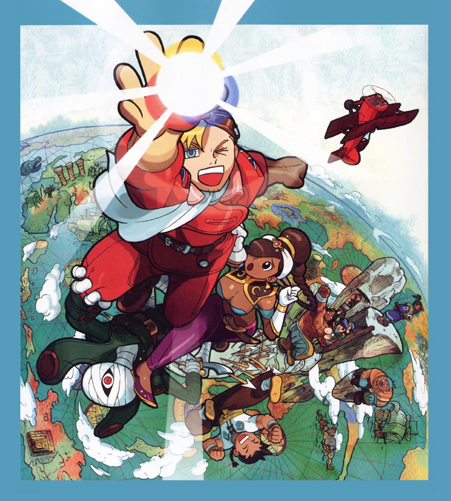 2girls 6+boys aircraft airplane armor ayame_(power_stone) bandaged_head bandages blonde_hair blue_border blue_eyes boat boots border breasts cleavage cover crystal dark_skin edward_fokker everyone facial_mark galuda gauntlets gem glint globe gunrock harem_outfit hat helmet hook jack_(power_stone) jumping knee_boots large_breasts looking_at_viewer multiple_boys multiple_girls muscular ocean official_art open_mouth ponytail power_stone red_eyes rouge_(power_stone) ryouma_(power_stone) sash smile topless_male wang-tang watercraft wide-eyed yasuda_akira