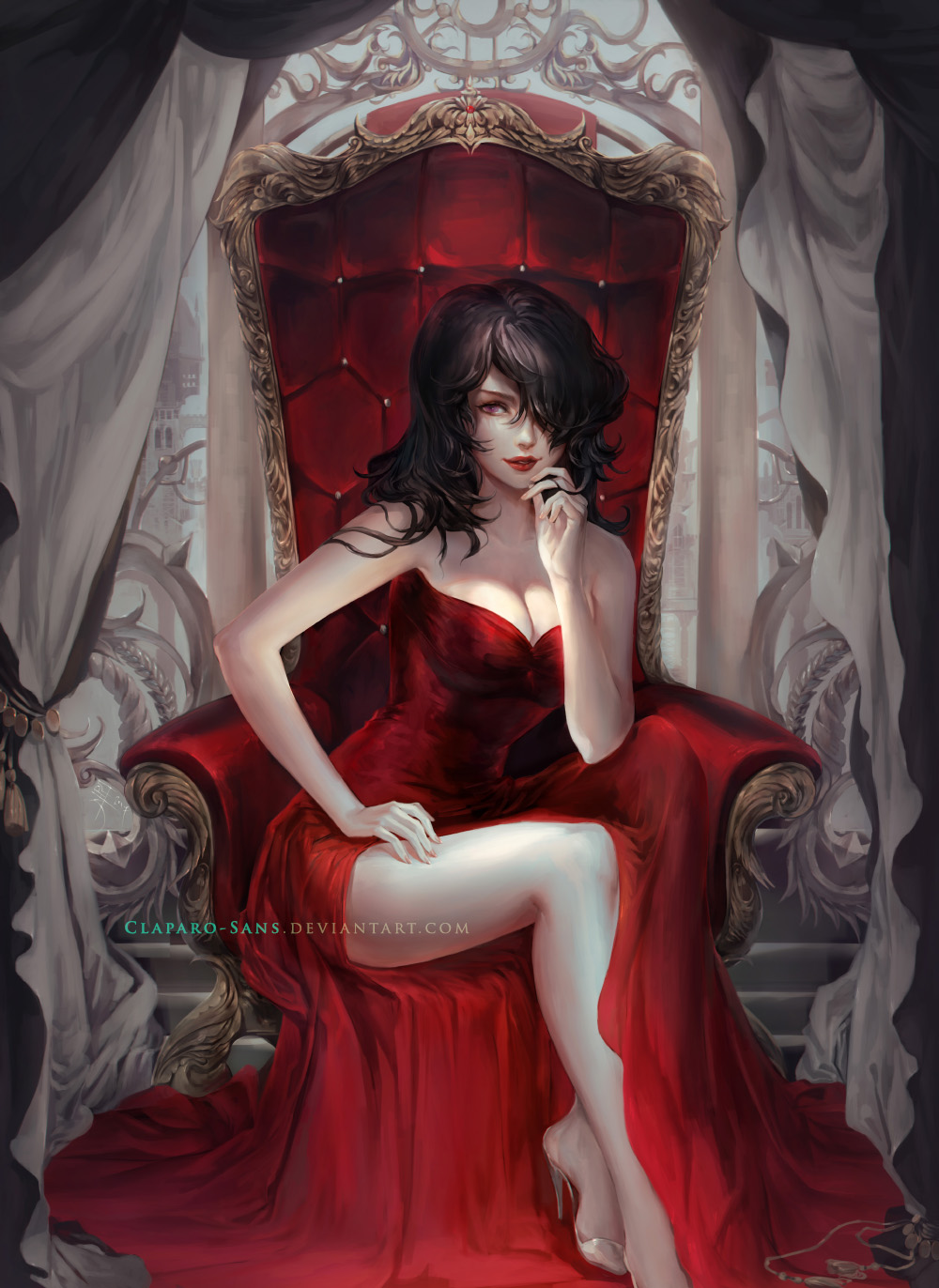 1girl ahoge arm_support armchair bare_legs bare_shoulders black_hair breasts chair claparo cleavage curtains dress female_focus hair_over_one_eye high_heels highres lips lipstick long_hair looking_away makeup nail_polish original parted_lips pink_nails pumps purple_eyes red_dress red_lips red_upholstery shoes side_slit sign sitting smile solo strapless strapless_dress tufted_upholstery watermark wavy_hair web_address white_shoes