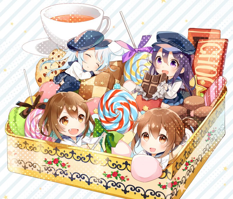 10s 4girls akatsuki_(kancolle) box brown_eyes brown_hair candy checkerboard_cookie chibi chocolate chocolate_bar cookie cup fang flat_cap folded_ponytail food hat hibiki_(kancolle) ikazuchi_(kancolle) in_box in_container inazuma_(kancolle) kantai_collection lollipop long_hair marshmallow mini_person minigirl multiple_girls open_mouth purple_eyes purple_hair school_uniform serafuku short_hair silver_hair sleeping sweets tea teacup yuzuki_kihiro