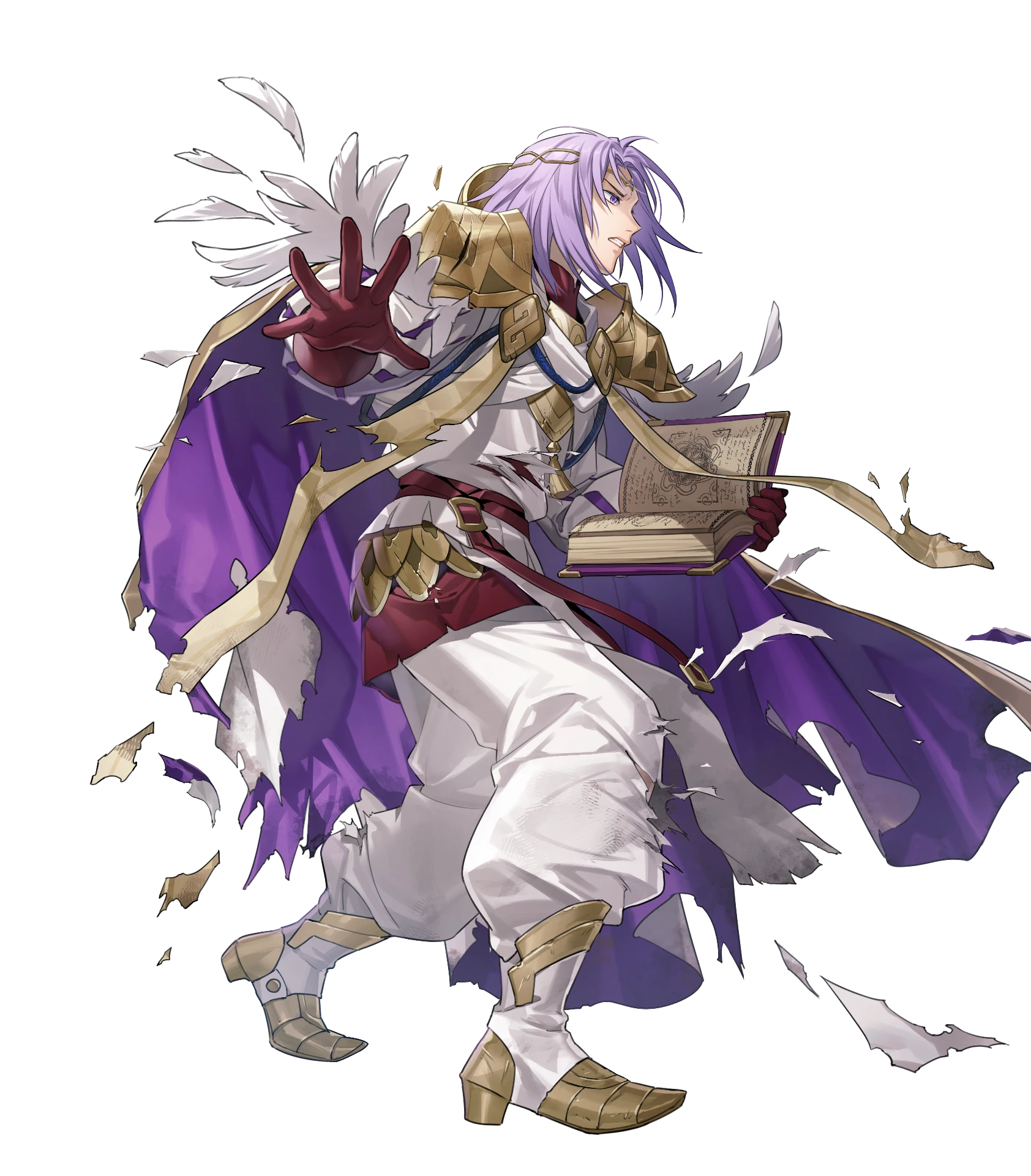 1boy book brown_gloves cape circlet clenched_teeth damaged fire_emblem fire_emblem:_the_sacred_stones fire_emblem_heroes gloves gold_trim highres holding holding_book lyon_(fire_emblem) lyon_(resplendent)_(fire_emblem) male_focus medium_hair nintendo non-web_source official_alternate_costume official_art open_mouth purple_cape purple_eyes purple_hair solo teeth torn_cape torn_clothes white_cap white_cape