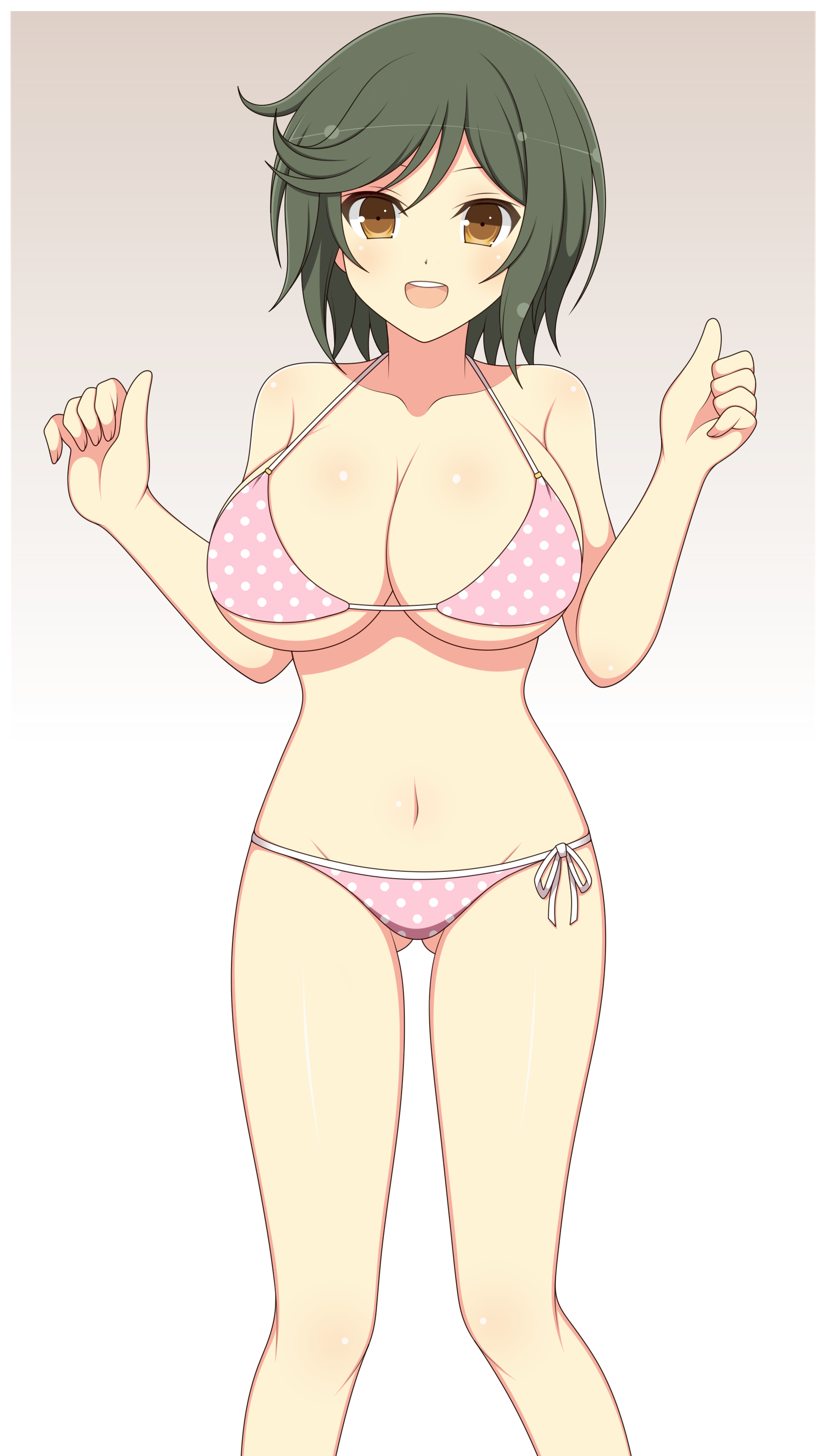 1girl absurdres bikini blush breasts brown_background brown_eyes cleavage collarbone gradient_background green_hair groin highres ichiryuu_tsumiki large_breasts mai_(senran_kagura) navel open_mouth pink_bikini polka_dot polka_dot_bikini polka_dot_swimsuit senran_kagura senran_kagura_new_wave short_hair side-tie_bikini_bottom smile solo standing swimsuit teeth underboob upper_teeth_only white_background