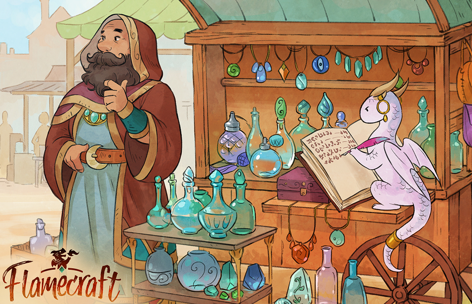 1boy amulet aqua_robe bald beard belt blue_sky book bottle brown_cloak capelet cloak commentary dragon earrings english_commentary facial_hair flask full_beard gold_trim hand_on_belt holding holding_quill horns jewelry looking_to_the_side market_stall mini_wings mustache necklace open_book original outdoors people perfume_bottle purple_capelet quill sandara sky slice_of_life small_dragon standing stroking_beard tail tail_ornament tail_ring town vase vending_cart vial wings writing