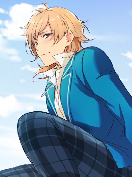 10s 1boy blazer blush brown_hair cloud cm10th day ensemble_stars! hakaze_kaoru jacket looking_at_viewer male_focus pants plaid_clothes plaid_pants popped_collar purple_eyes school_uniform sitting sky smile solo
