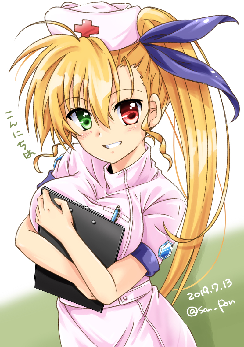 1girl aged_up blonde_hair blush breasts clipboard commentary cross dated dress green_eyes grin hair_ribbon hat heterochromia holding holding_clipboard light_blush long_hair looking_at_viewer lyrical_nanoha mahou_shoujo_lyrical_nanoha_vivid medium_breasts nurse_cap pen pink_dress pink_headwear red_cross red_eyes ribbon san-pon short_sleeves side_ponytail smile standing twitter_username upper_body very_long_hair vivio