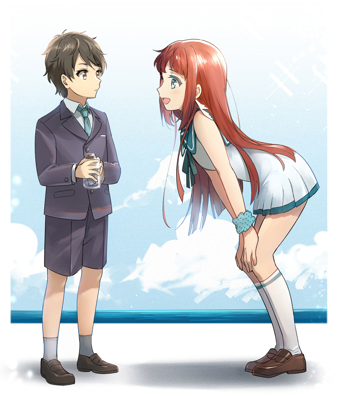 1boy 1girl aki_(neyuki41028) black_jacket black_shorts blue_eyes blue_neckwear blue_scrunchie brown_eyes brown_footwear brown_hair child collared_shirt dress eye_contact from_side full_body grey_socks hands_on_own_knees holding jacket kihara_tsumugu kneehighs loafers long_hair long_sleeves looking_at_another mukaido_manaka nagi_no_asukara necktie pleated_dress polka_dot polka_dot_scrunchie sailor_dress scrunchie shirt shoes short_dress shorts sleeveless sleeveless_dress socks straight_hair time_paradox very_long_hair white_dress white_shirt white_socks wing_collar wrist_scrunchie