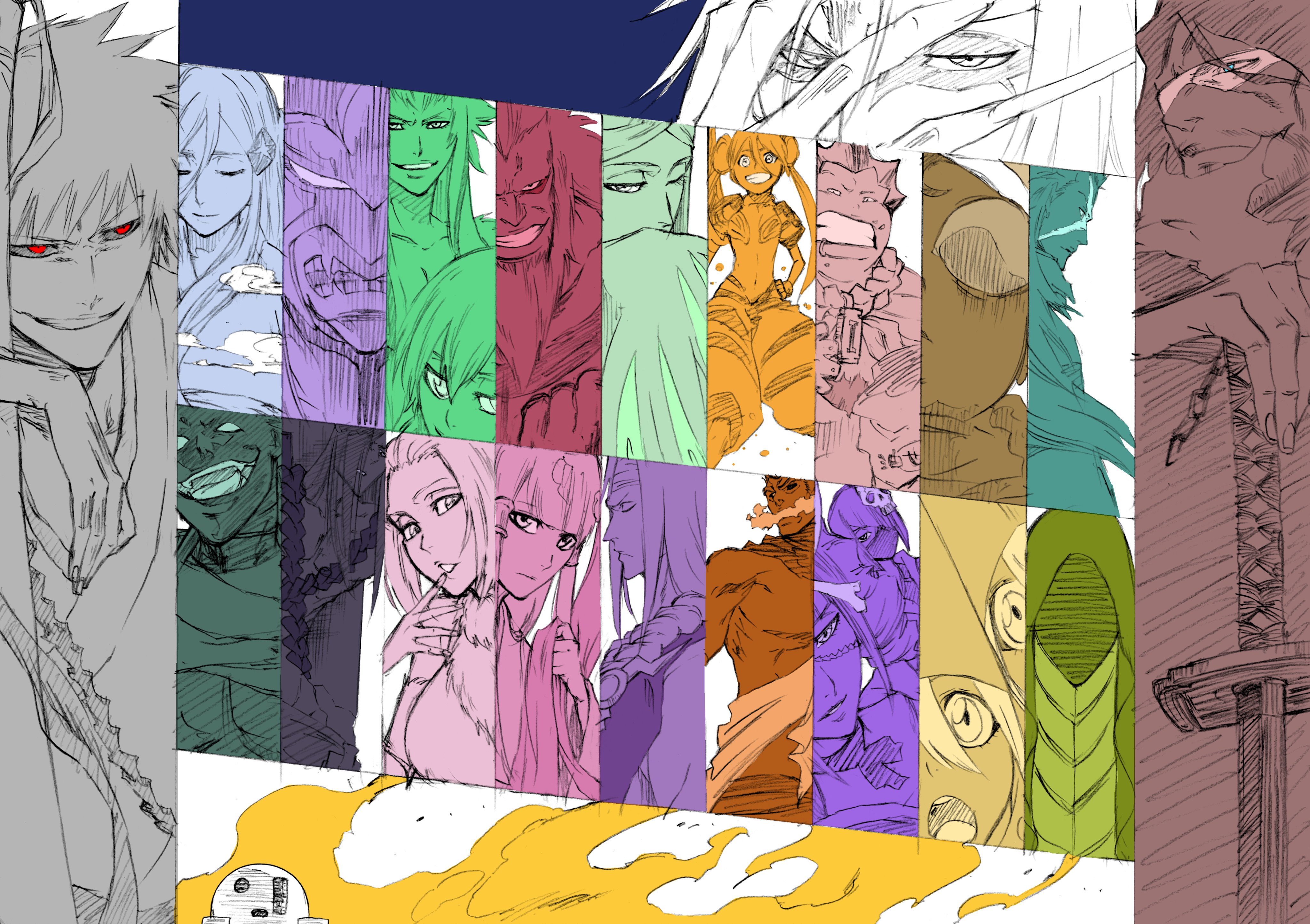 absurdres ashisogi_jizou beard beard_stubble bleach blue_eyes closed_eyes covered_mouth double_bun evil_smile eyeliner facial_hair facial_mark fingernails gegetsuburi gonryoumaru haineko hair_between_eyes hair_bun hair_ornament hand_over_face highres hime_cut holding holding_weapon hollow_ichigo hood hood_up houzukimaru hyourinmaru katen_kyoukotsu kazeshini ken'ichi_(ken1ro_u) lip_piercing lip_ring long_hair makeup mask minazuki multiple_boys multiple_girls muramasa_(bleach) one_eye_closed open_mouth parted_bangs parted_lips red_eyes senbonzakura skull_hair_ornament smile sode_no_shirayuki sougyo_no_kotowari stubble sunglasses suzumebachi tenken tobiume topless_male wabisuke_(bleach) weapon zabimaru zangetsu_(bleach)