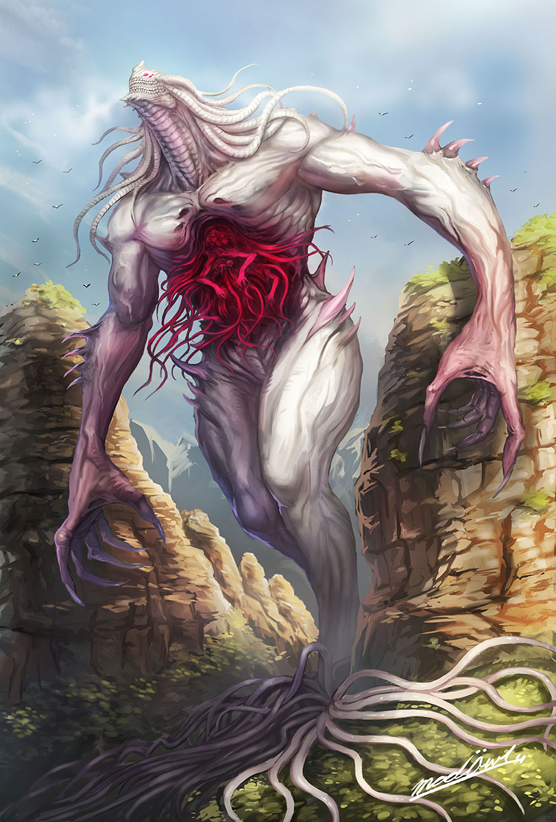 animal blue_sky claws creature eldritch_abomination extra_arms extra_teeth giant giant_monster heavy_metal highres kaiju madowl monster mountainous_horizon no_humans original oversized_animal rock sharp_teeth signature sky teeth tentacles