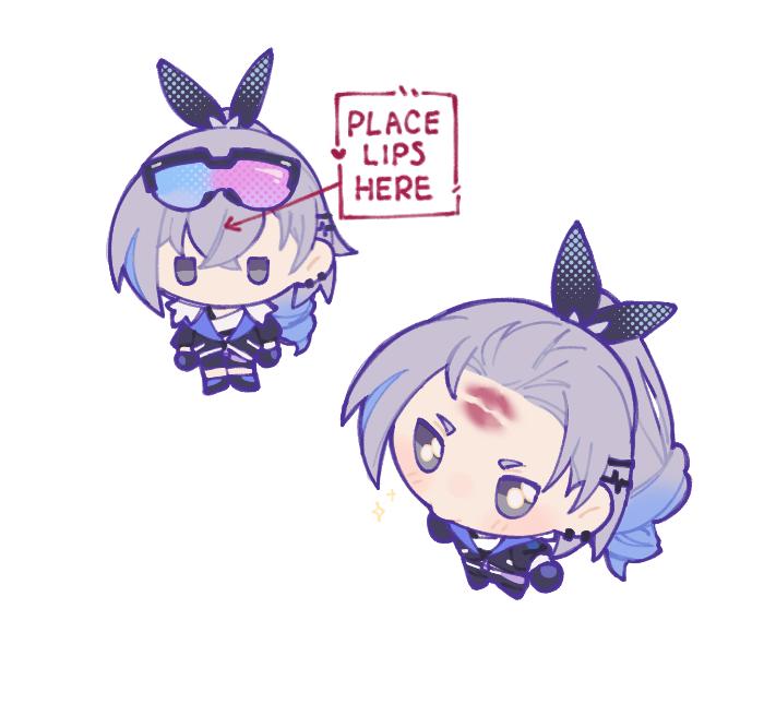 1girl akq_swhrta706 black_bow black_gloves black_jacket bow chibi drill_hair drill_ponytail english_text eyewear_on_head gloves grey_eyes grey_hair hair_bow high_ponytail honkai:_star_rail honkai_(series) jacket lipstick_mark_on_forehead long_hair long_sleeves looking_at_viewer meme multiple_views place_lips_here_(meme) ponytail puffy_long_sleeves puffy_sleeves silver_wolf_(honkai:_star_rail)
