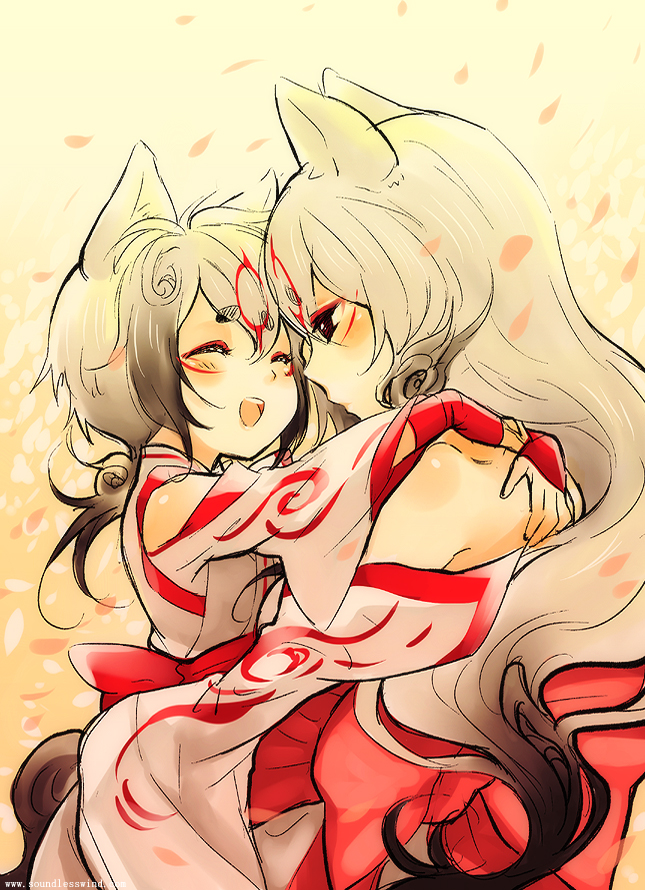 1boy 1girl amaterasu_(ookami) animal_ears arms_around_neck chibiterasu child closed_eyes eyeliner happy hug humanization kaze-hime long_hair looking_at_another mother_and_son ookami_(game) open_mouth red_eyeliner red_eyes sitting sitting_on_person smile teeth upper_teeth_only white_hair wolf_ears