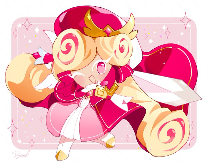 artist_request blonde_hair chest_armor colored_eyelashes cookie_run curly_hair dress facing_viewer full_body happy kouign-amann_cookie multicolored_hair non-web_source personification pink_dress pink_eyes pink_hair source_request sparkle sword turtleneck turtleneck_dress weapon