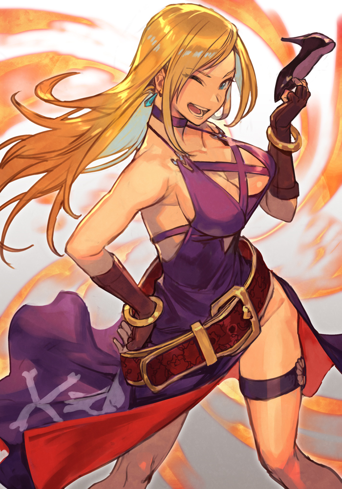 1girl :d belt blonde_hair breasts brown_gloves cleavage dress earrings fatal_fury feet_out_of_frame fingerless_gloves garou:_mark_of_the_wolves gloves holding holding_shoes hungry_clicker b._jenet jewelry large_breasts long_hair one_eye_closed open_mouth oversized_belt purple_dress shoes smile snk solo the_king_of_fighters the_king_of_fighters_xv
