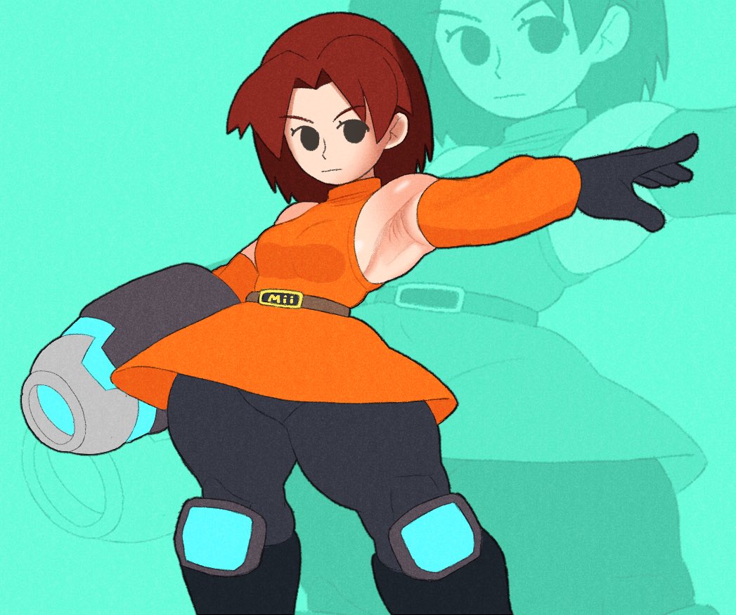 1girl aqua_background arm_cannon arm_up armpit_hair armpits arms_up bare_shoulders belt belt_buckle black_belt black_eyes black_gloves black_leggings boots breasts brown_hair buckle champchidi closed_mouth cowboy_shot detached_sleeves dress eyes_visible_through_hair gloves holding holding_weapon leggings looking_at_viewer medium_breasts medium_hair mii_(nintendo) mii_gunner mii_gunner_(smash_4) nintendo orange_dress orange_sweater outstretched_arm pants parted_bangs short_hair sleeveless sleeveless_dress small_breasts solo standing super_smash_bros. sweater thick_thighs thighs turtleneck v-shaped_eyebrows weapon wide_hips