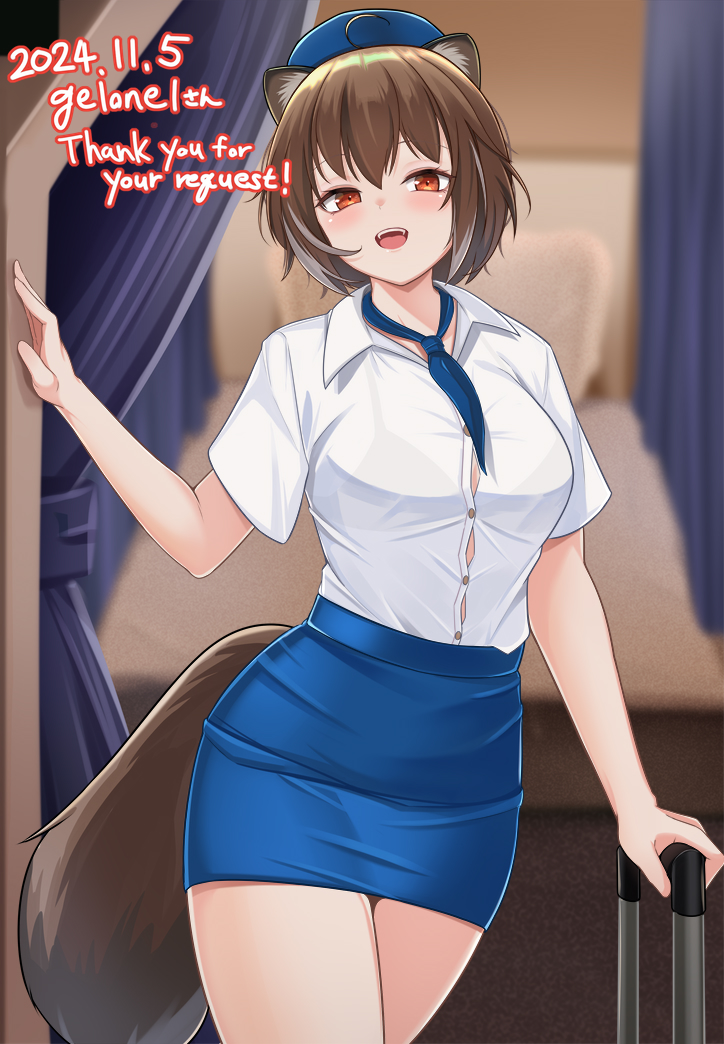 1girl :d animal_ears blue_hat blue_skirt blurry blurry_background blush breasts brown_hair commentary_request commission commissioner_name cyon_hart dated flight_attendant flight_attendant_hat hat open_mouth orange_eyes pencil_skirt raccoon_ears raccoon_girl raccoon_tail shirt skeb_commission skirt smile solo tail teeth thank_you tongue travel_attendant upper_teeth_only v&amp;u_entertainment virtual_youtuber white_shirt yasagure2828