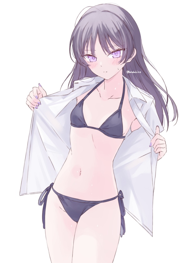 1girl bikini black_bikini blush closed_mouth clothes_grab collarbone collared_shirt cowboy_shot dot_nose embarrassed hondahiro long_hair looking_at_viewer nail_polish navel open_clothes open_shirt opened_by_self original purple_eyes purple_hair purple_nails shirt shirt_grab side-tie_bikini_bottom sidelocks simple_background solo standing sweat swimsuit twitter_username white_background white_shirt