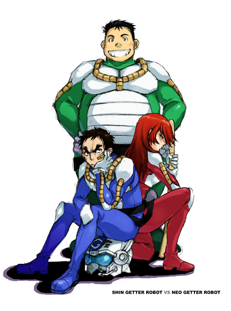 1girl 2boys angry back-to-back bandaid black_hair blue_bodysuit bodysuit eyebrows fat fat_man frown getter_robo grin hands_on_own_hips head_rest helmet hime_cut ichimonji_gou kneeling long_hair masamichi_gai multiple_boys nakamura_kanko pilot_suit plump red_hair shadow shin_getter_robo_vs_neo_getter_robo short_hair simple_background sitting smile standing tachibana_shou toei_animation