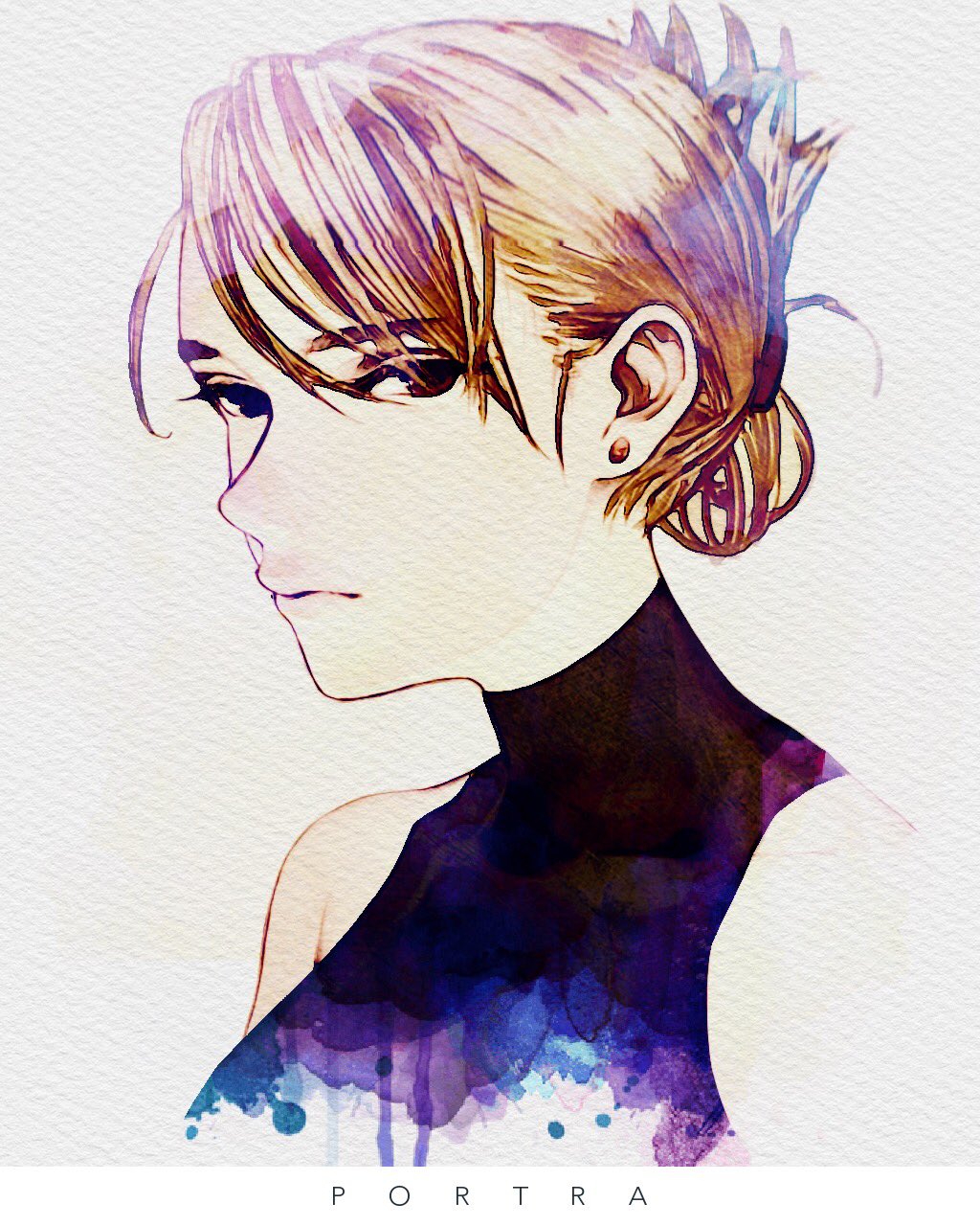 1girl blonde_hair brown_eyes commentary_request earrings folded_ponytail frown fullmetal_alchemist highres ichita_kuuto jewelry painting_(medium) portrait profile riza_hawkeye sleeveless sleeveless_turtleneck solo stud_earrings traditional_media turtleneck watercolor_(medium)
