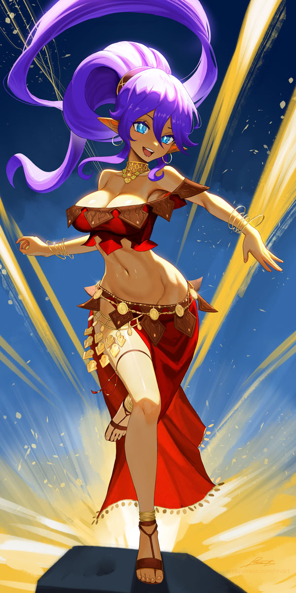 1girl blue_eyes bracelet breasts cleavage cosplay earrings highres jewelry large_breasts long_hair multiple_bracelets octopath_traveler octopath_traveler_i primrose_azelhart primrose_azelhart_(cosplay) purple_hair revenantart shantae shantae_(series) solo
