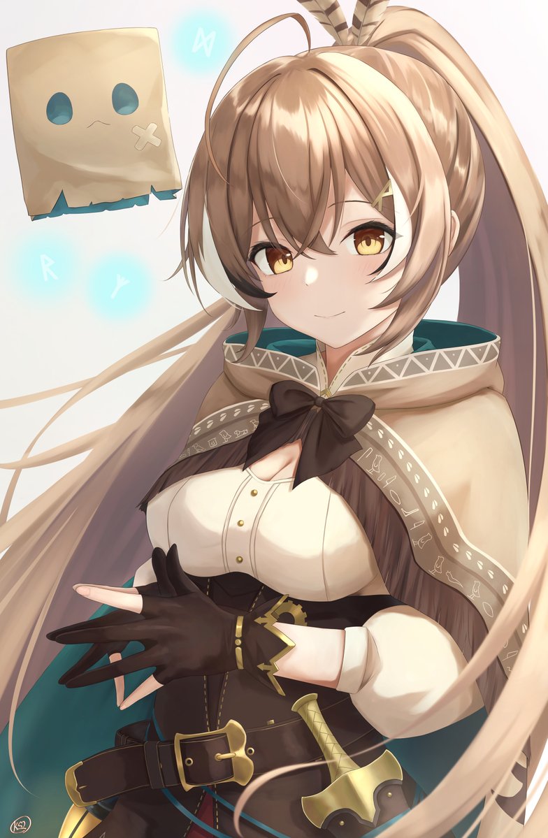 1girl ahoge amano_kusatsu belt brown_capelet brown_cloak brown_corset brown_eyes brown_hair capelet cleavage_cutout cloak clothing_cutout corset dagger feather_hair_ornament feathers friend_(nanashi_mumei) gradient_background hair_ornament hairclip hololive hololive_english knife lantern long_hair looking_at_viewer multicolored_hair nanashi_mumei nanashi_mumei_(1st_costume) ponytail runes shirt smile steepled_fingers streaked_hair upper_body very_long_hair virtual_youtuber weapon white_shirt