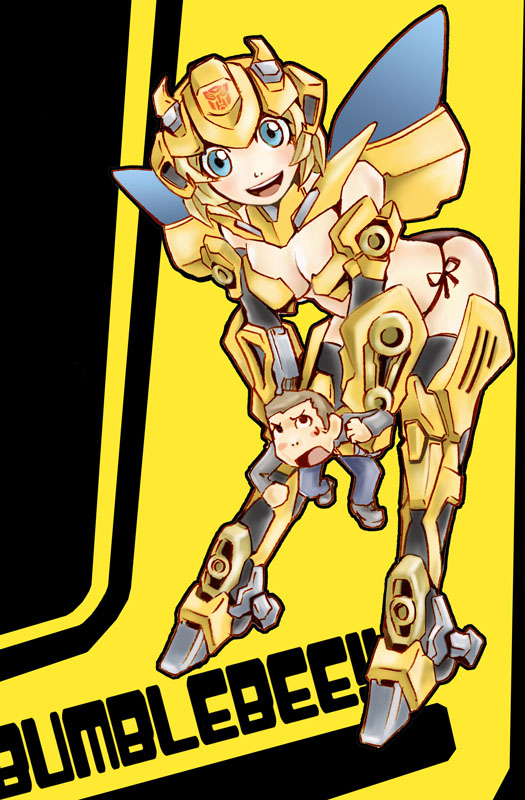 1boy 1girl artist_request autobot blue_eyes blush brown_hair bumblebee gender_request genderswap looking_at_viewer mecha_musume sam_witwicky transformers