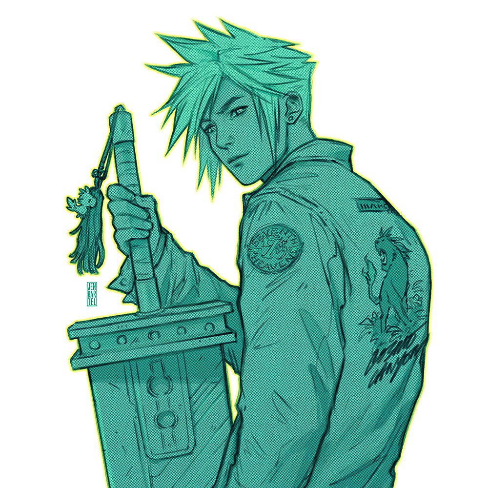 1boy blonde_hair chocobo cloud_strife earrings final_fantasy final_fantasy_vii green_theme holding holding_sword holding_weapon jacket jen_bartel jewelry looking_at_viewer male_focus monochrome outline red_xiii screentones short_hair signature simple_background spiked_hair sword upper_body weapon white_background yellow_outline