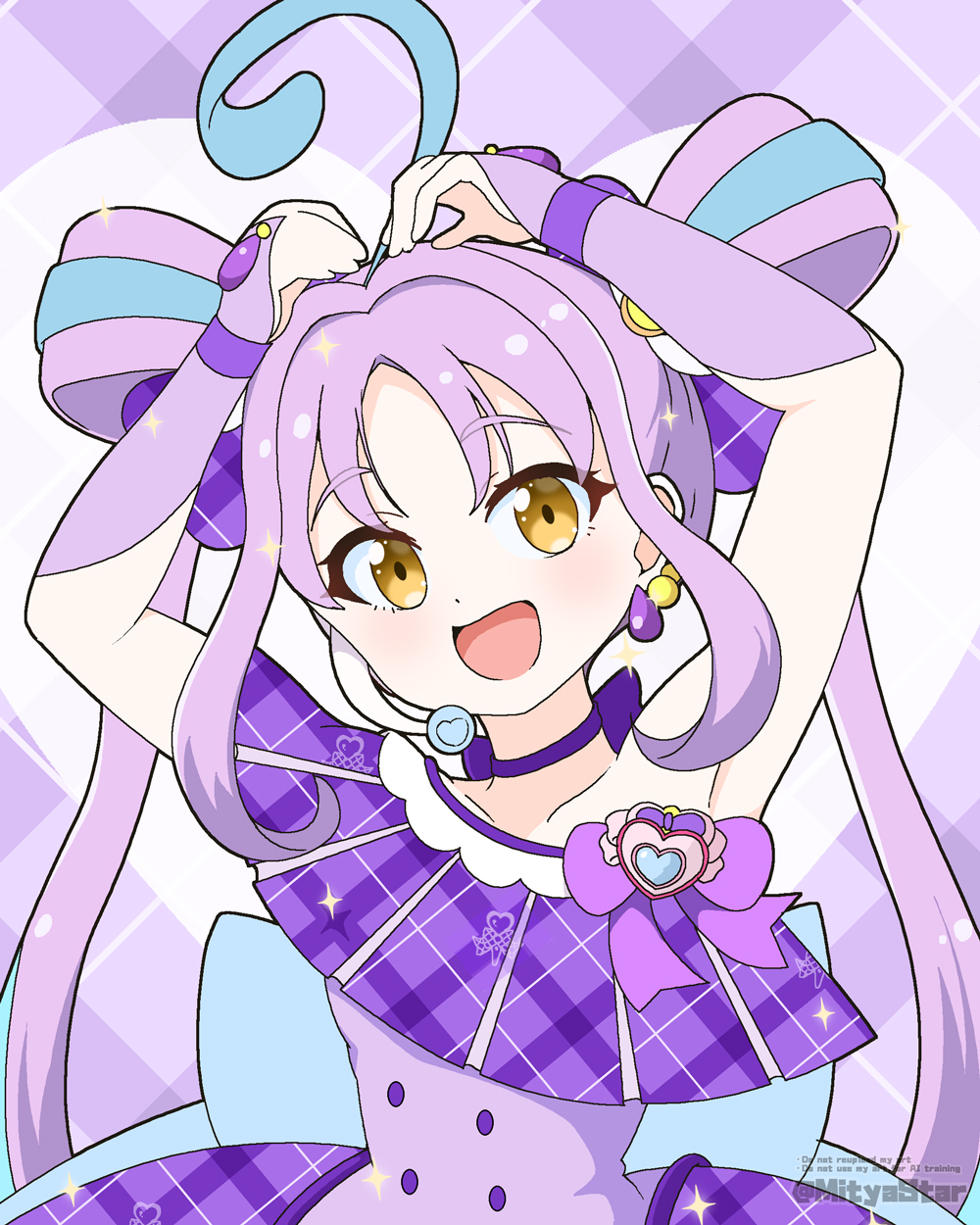 1girl :d ahoge armpits arms_up bare_shoulders blue_hair bow bridal_gauntlets brown_eyes choker collarbone commentary_request cure_kyunkyun dress english_text hair_bow head_tilt heart highres kimi_to_idol_precure long_hair looking_at_viewer mitya open_mouth plaid_background plaid_bow precure purple_background purple_bow purple_choker purple_dress purple_hair shigure_kokoro smile solo twintails twitter_username very_long_hair watermark white_background