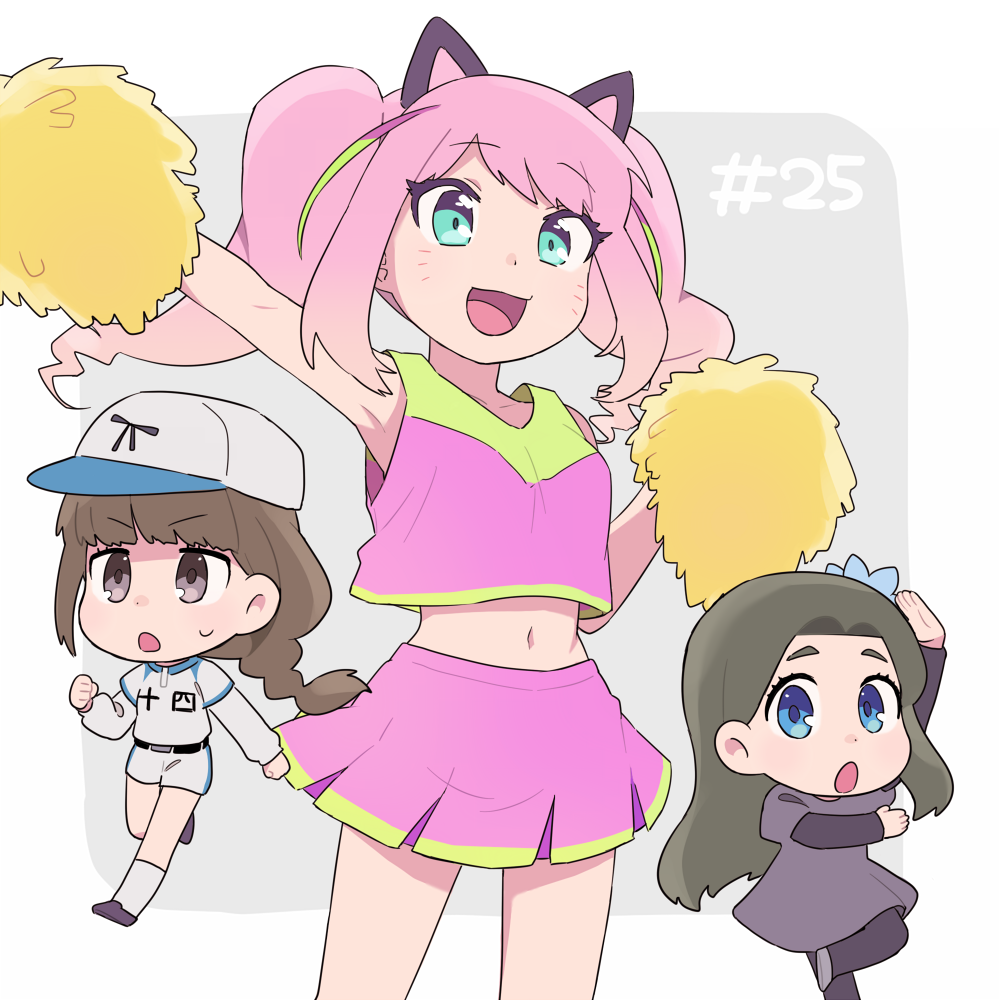 10s 3girls alternate_hairstyle aqua_eyes bad_id bad_twitter_id baseball_cap baseball_uniform black_legwear blue_eyes blunt_bangs braid brown_eyes brown_hair cheerleader dress facial_mark flower flower_fairy_(osomatsu-kun) hair_flower hair_intakes hair_ornament hashimoto_nyaa hat jyushimatsu&#039;s_girlfriend long_hair meggu_o midriff multicolored_hair multiple_girls osomatsu-kun osomatsu-san osomatsu_(series) outside_border pantyhose pink_hair pom_pom_(cheerleading) sheeeh! shorts socks sportswear streaked_hair sweat twintails whisker_markings