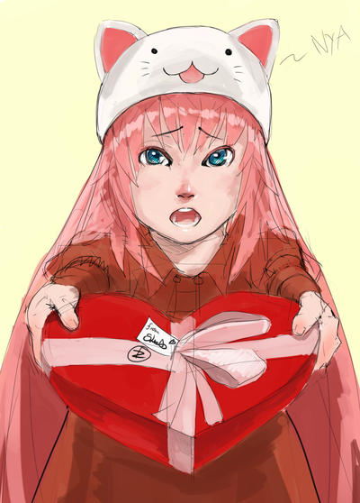1girl animal_hat blue_eyes cat_hat female_focus gift hat long_hair megurine_luka megurine_luka_(toeto) pink_hair skrats solo toeto_(vocaloid) valentine vocaloid