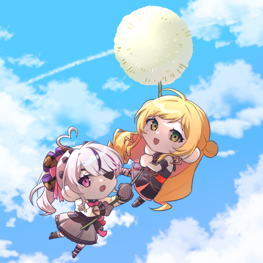 2girls black_dress black_footwear black_gloves black_skirt blonde_hair bow cloud colored_inner_hair commentary dandelion double_bun dress english_commentary eyepatch flower flying gloves hair_bow hair_bun jacket jagijang long_hair maria_marionette mini_person minigirl multicolored_hair multiple_girls nijisanji nijisanji_en nijisanji_kr official_alternate_costume one_eye_covered open_mouth pink_bow pink_hair ponytail purple_bow seffyna single_sleeve skirt sky smile streaked_hair very_long_hair virtual_youtuber white_jacket