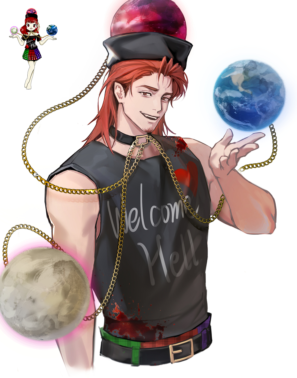 1boy bara bare_arms bare_shoulders beard_stubble belt belt_collar black_belt black_hat black_tank_top blood blood_on_clothes blood_splatter blue_pants chain chinese_commentary clothes_writing collar commentary_request cropped_torso earth_(ornament) facial_hair fangs genderswap genderswap_(ftm) gold_buckle gold_chain green_pants happy hat heart heart_print hecatia_lapislazuli high-waist_pants highres long_hair male_focus moon_(ornament) multicolored_pants open_mouth pants plaid_clothes plaid_pants red_eyes red_hair red_pants reference_inset sdz_(inazuma) simple_background smile solo stubble tank_top teeth thick_eyebrows toned toned_male touhou underworld_(ornament) upper_teeth_only white_background