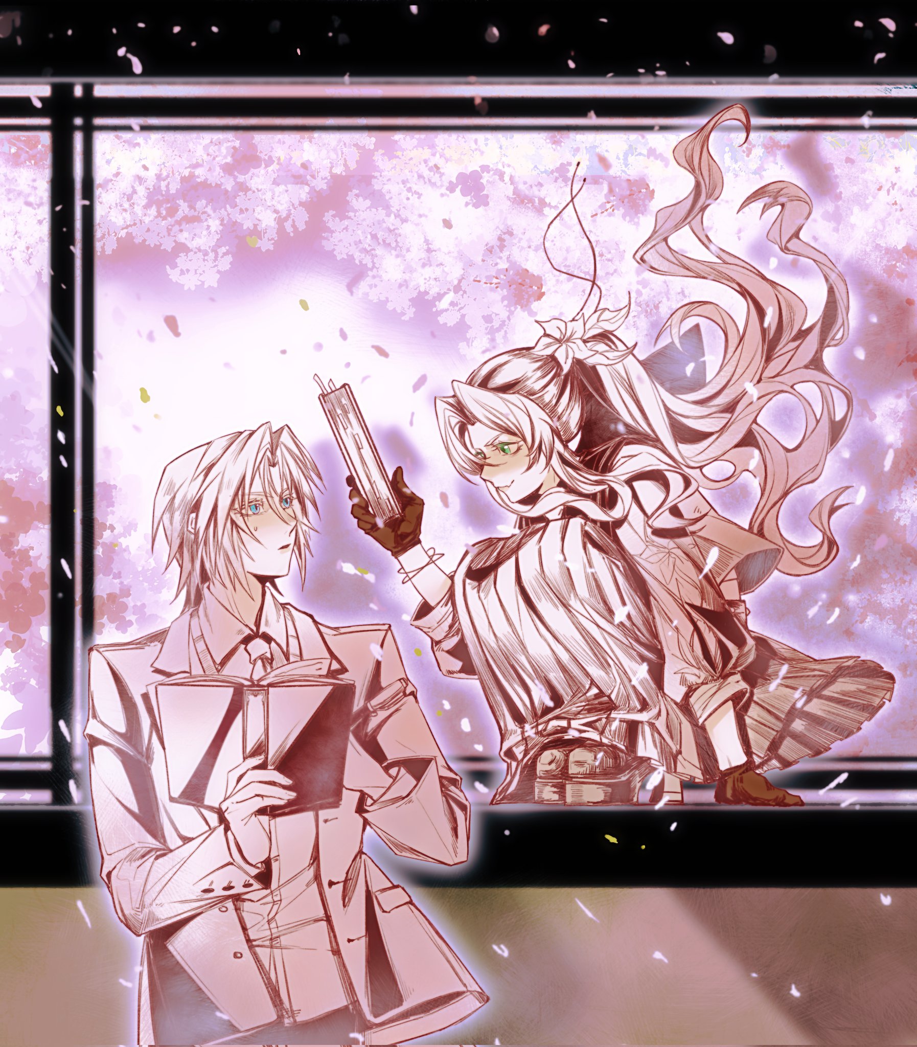 1boy 1girl aerith_gainsborough aerith_gainsborough_(midgard_seventh_high_school) aqua_eyes black_gloves black_sailor_collar book bracelet cardigan cherry_blossoms classroom collared_shirt delinquent desk falling_petals final_fantasy final_fantasy_vii final_fantasy_vii_ever_crisis floral_print flower full_body gloves green_eyes grey_jacket hair_flower hair_ornament hair_ribbon highres holding holding_book jacket jewelry long_hair long_skirt looking_at_another necktie official_alternate_costume parted_bangs parted_lips petals pink_petals pleated_skirt ponytail ribbon sailor_collar school_desk school_uniform sephiroth sephiroth_(ever_crisis) sephiroth_(shinra_private_academy) shirt short_hair sidelocks sitting skirt smile squatting suit_jacket sukeban sweatdrop tree upper_body white_flower white_shirt zdax20001212
