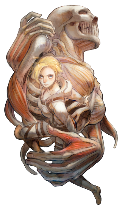 1girl annie_leonhart blonde_hair boots breasts exposed_muscle expressionless from_above full_body hood hood_down knee_boots leg_belt looking_at_viewer medium_breasts prema-ja serious shingeki_no_kyojin short_hair skeleton solo spoilers three-dimensional_maneuver_gear titan_(generic)_(shingeki_no_kyojin) titan_(shingeki_no_kyojin)