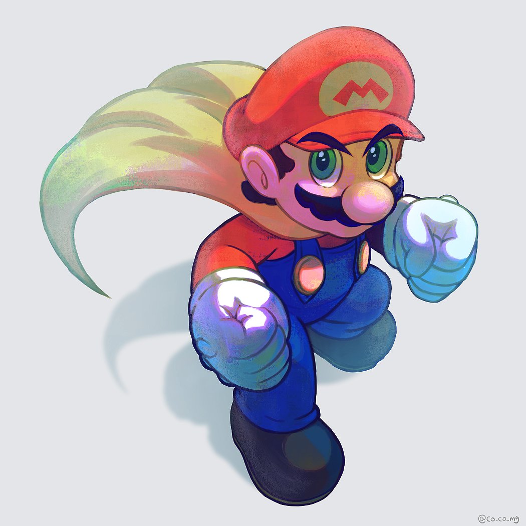 1boy artist_name black_shoes blue_eyes blue_overalls blue_pants brown_hair cape cape_mario clenched_hands co_co_mg facial_hair gloves hat long_sleeves looking_at_viewer male_focus mario mario_(series) mustache nintendo overalls pants red_hat red_shirt shadow shirt shoes short_hair simple_background solo standing super_mario_world twitter_username v-shaped_eyebrows white_background white_gloves yellow_cape