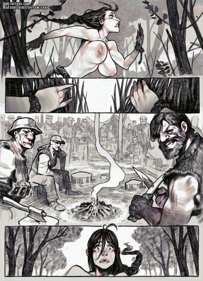 6+boys axe beard blush braid breasts english_text facial_hair fireplace from_side grass greyscale grin hair_between_eyes hat holding holding_knife knife lara_croft large_breasts long_hair looking_at_viewer monochrome multiple_boys nipples outdoors running sabu_(sabudenego) sad shorts smile tears teeth tomb_raider topless_female
