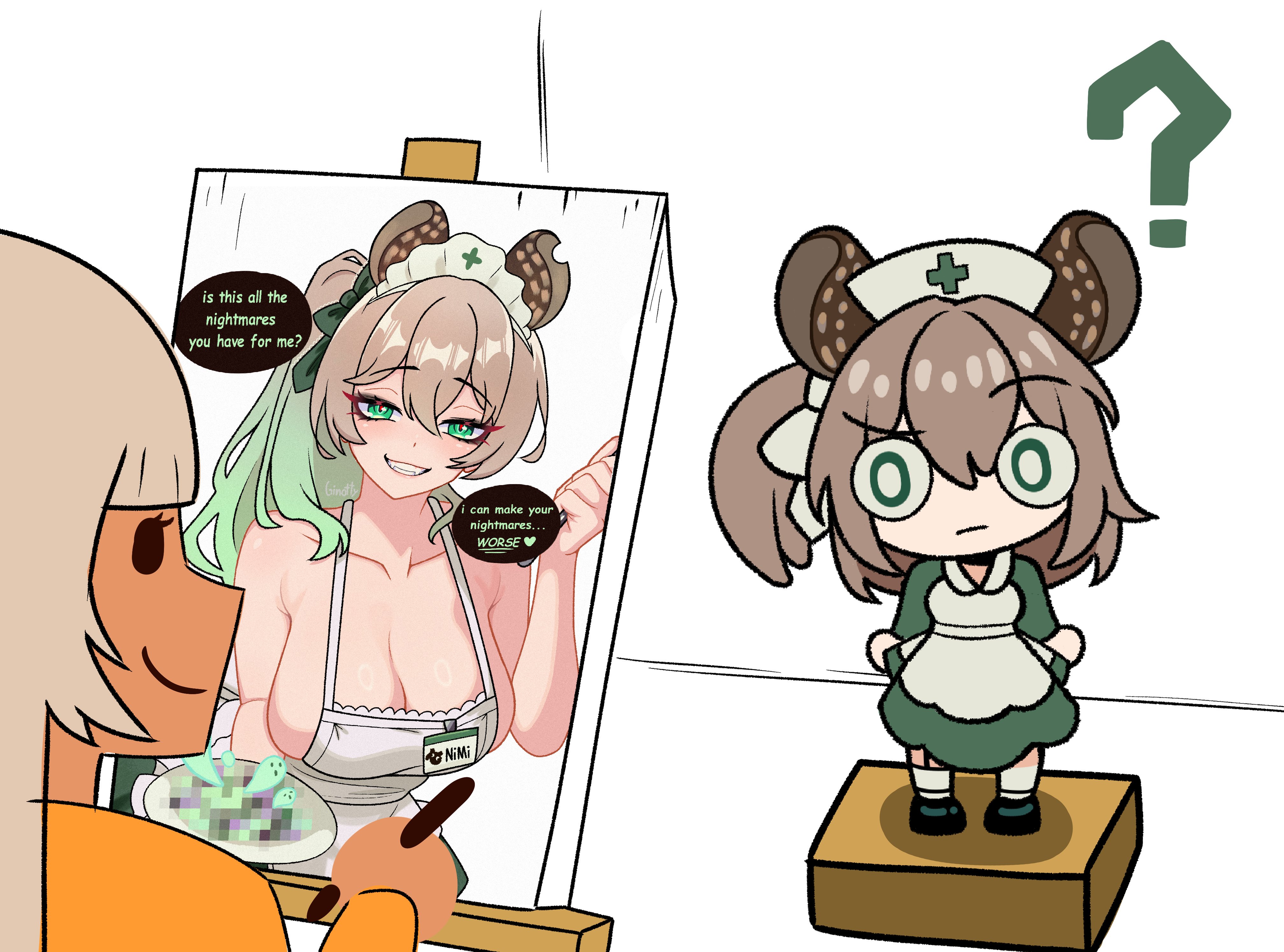 ? absurdres animal_ears apron blush breasts brown_hair canvas_(object) cleavage dress easel ginotty gradient_hair green_dress green_eyes hat highres indie_virtual_youtuber long_sleeves medium_hair multicolored_hair naked_apron nimi_nightmare nurse_cap one_side_up sideboob tapir_ears tapir_girl virtual_youtuber white_apron