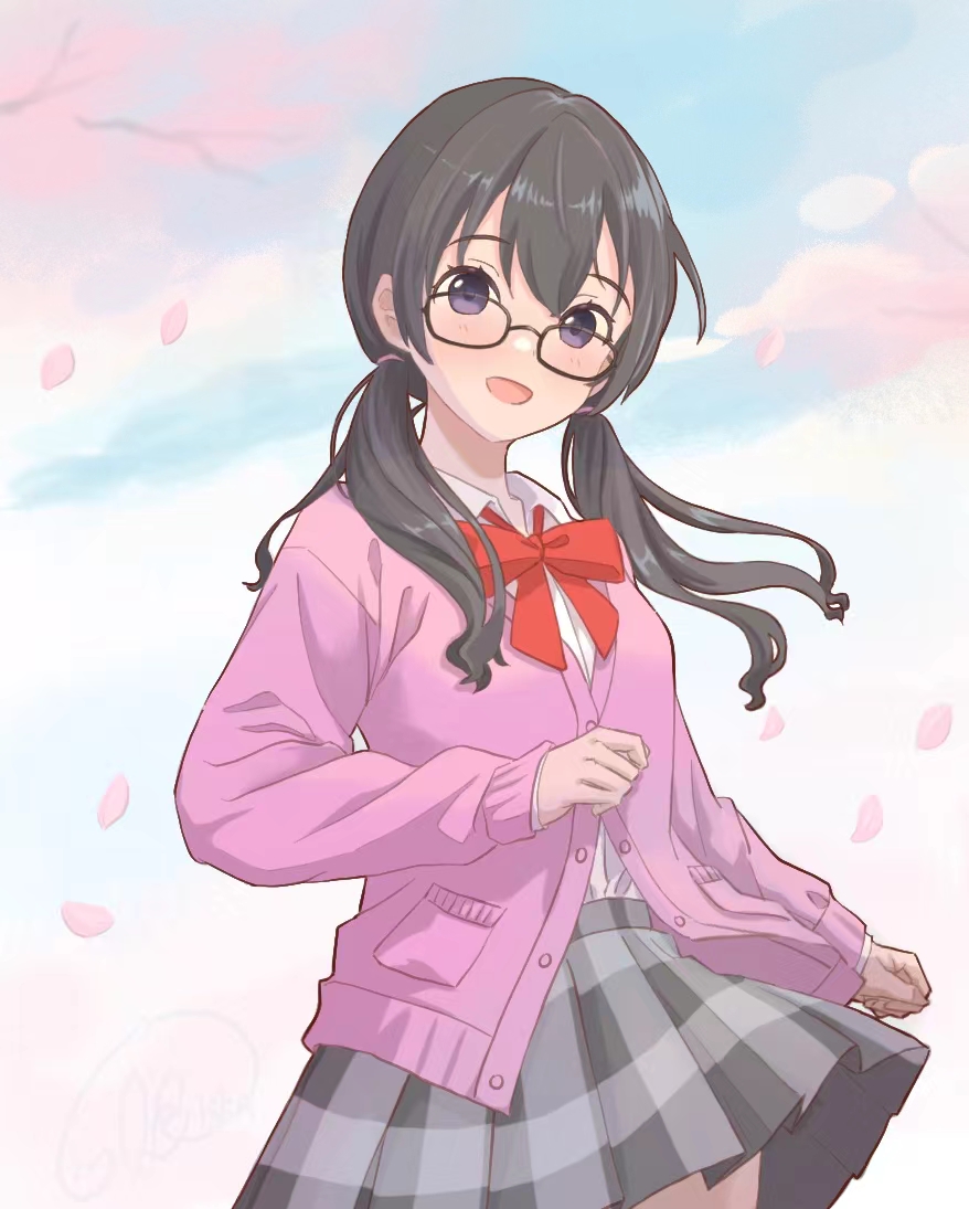 1girl black_hair bow cardigan center-flap_bangs collared_shirt glasses hairband langbika noge_tomoko open_mouth persona persona_5 persona_5:_the_phantom_x pink_cardigan plaid_clothes plaid_skirt purple_eyes red_bow school_uniform shirt skirt smile solo twintails