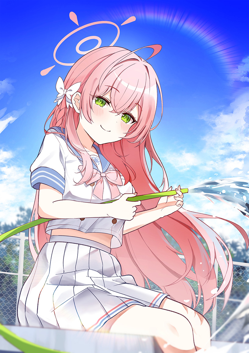 1girl blue_archive blue_sailor_collar blush closed_mouth day green_eyes hair_between_eyes halo hanako_(blue_archive) holding holding_hose hose long_hair looking_at_viewer outdoors pink_hair pink_halo pleated_skirt sailor_collar school_uniform serafuku shan_(ti0n) short_sleeves sitting skirt smile solo water white_skirt