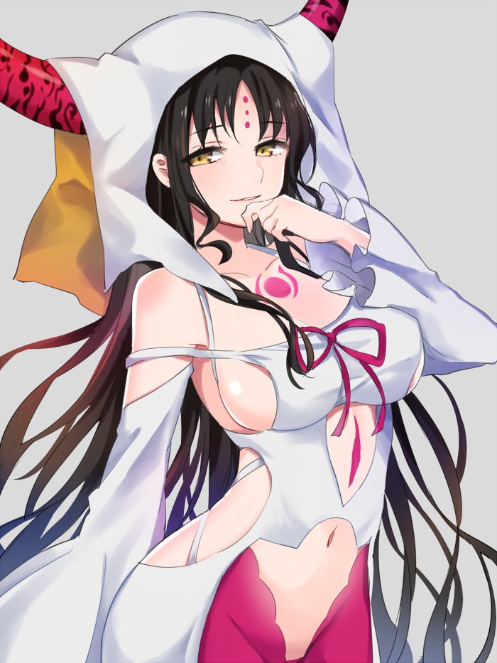 1girl bare_shoulders black_hair breasts commentary detached_sleeves dress facial_mark fate/grand_order fate_(series) female_focus forehead_mark grey_background grin hand_to_own_mouth horns ica large_breasts long_hair long_sleeves looking_at_viewer navel parted_lips revealing_clothes sessyoin_kiara simple_background smile solo tattoo veil very_long_hair white_dress yellow_eyes