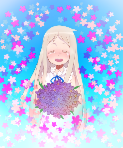 10s ano_hi_mita_hana_no_namae_wo_bokutachi_wa_mada_shiranai. closed_eyes dress flower forget-me-not_(flower) honma_meiko kashiri_kurosuke long_hair tears violet_(flower)