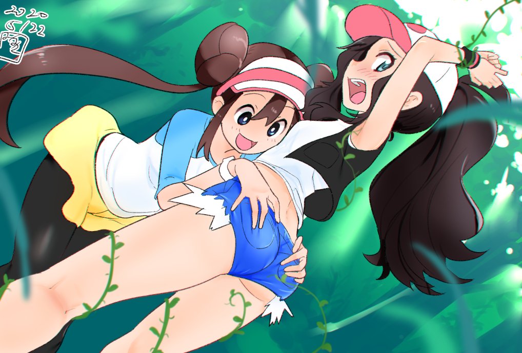 2girls ass_grab baseball_cap black_legwear blue_eyes brown_hair denim denim_shorts double_bun hair_bun hat hilda_(pokemon) long_hair mimic_(ryon733) multiple_girls nintendo open_mouth pantyhose pokemon pokemon_bw pokemon_bw2 rosa_(pokemon) shorts smile tickling tickling_ass twintails wristband yuri