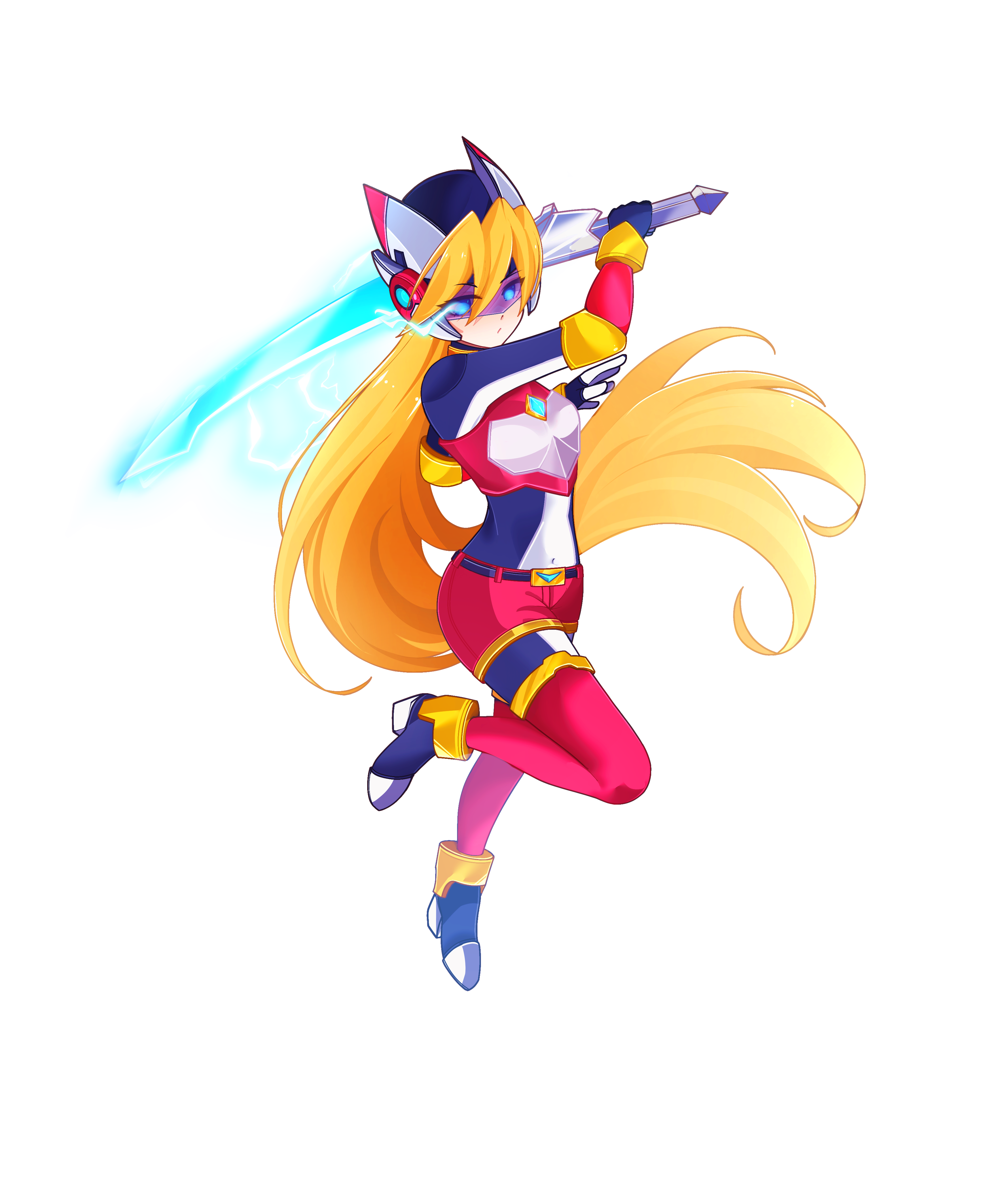1girl absurdres aizeis alternate_costume alternate_hairstyle armor armored_boots attack belt blonde_hair body_armor bodystocking boots breasts chest_jewel ciel_(mega_man) commission commissioner_upload covered_navel elbow_gloves energy_sword fighting_stance gauntlets gloves glowing glowing_eyes hair_down helmet high_heel_boots high_heels highres jumping long_bangs long_hair looking_at_viewer mechanical_ears mega_man_(series) mega_man_zero_(series) mega_man_zx model_z_(mega_man) non-web_source petite shorts slashing small_breasts spinning sword thigh_boots thighs weapon