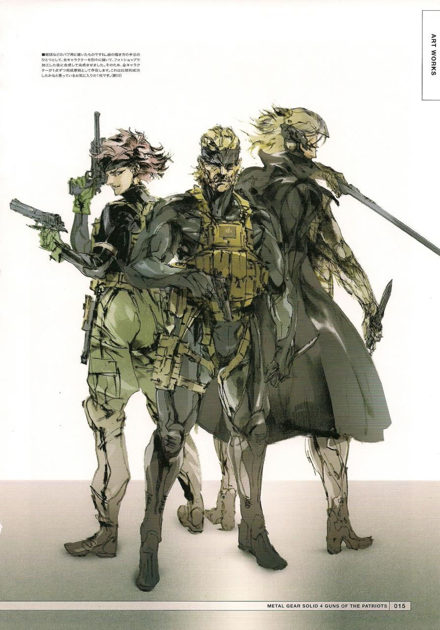 1girl 2boys bandana coat cyborg desert_eagle dual_wielding gun handgun headband highres holding knife m1911 meryl_silverburgh metal_gear_(series) metal_gear_solid_4:_guns_of_the_patriots multiple_boys official_art old_snake raiden_(metal_gear) shinkawa_youji sneaking_suit solid_snake standing sword vest weapon